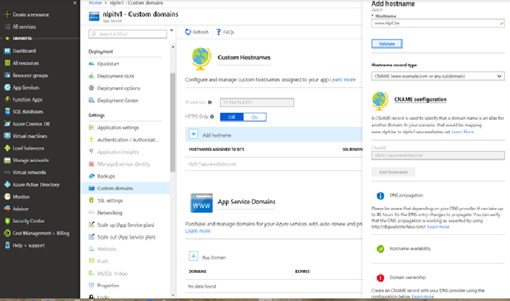 Printscreen of Azure whilst adding the hostname