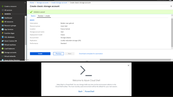 Confirmation that the storage account is created