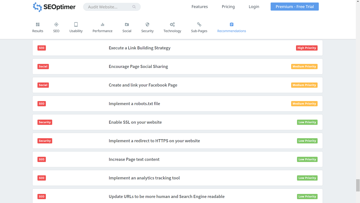 seoptimer provides with a clear overview of the findings in order of impact. Printscreen of the main findings of SEO tool seoptimizer.com